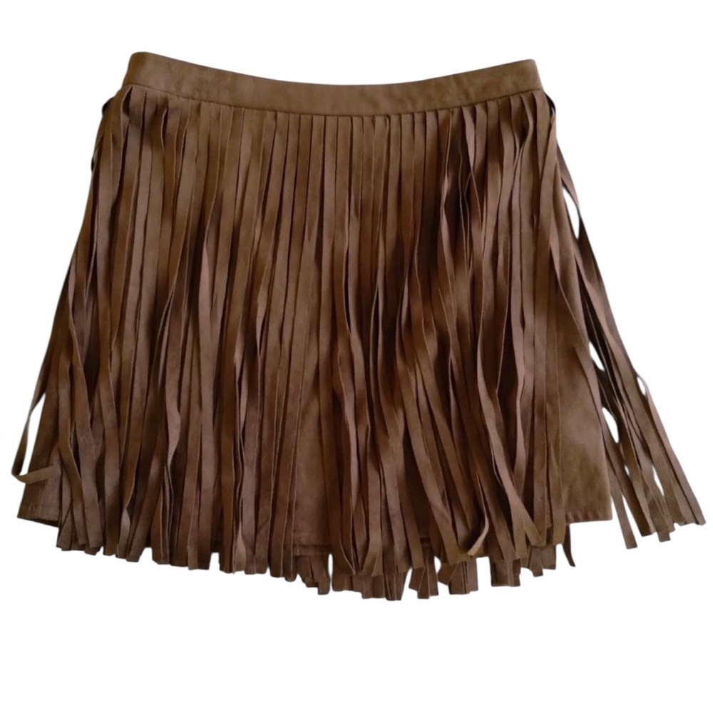 BB Dakota Faux Suede Fringe Mini Skirt Western Boho Festival Brown Size 0 - Picture 2 of 4